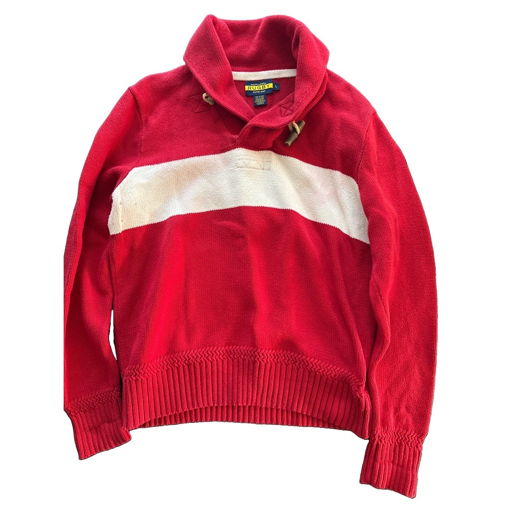 Rugby Ralph Lauren Sweater Mens Size L Red White Shawl Collar Toggle England